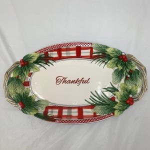 Fitz and Floyd Tartan Christmas Bread Tray Thankful 13 1/2&quot;