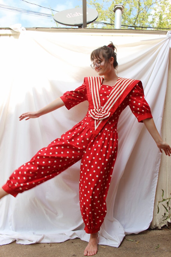 Red Polka Dot and Striped 80s Vintage Jumpsuit