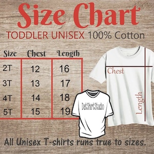 Może przedstawiać: Tabela rozmiar&oacute;w dla dziecięcych t-shirt&oacute;w unisex wykonanych w 100% z bawełny. Tabela pokazuje wymiary klatki piersiowej i długości w calach dla rozmiar&oacute;w 2T, 3T, 4T i 5T. Wszystkie unisex t-shirty są zgodne z rozmiarami.