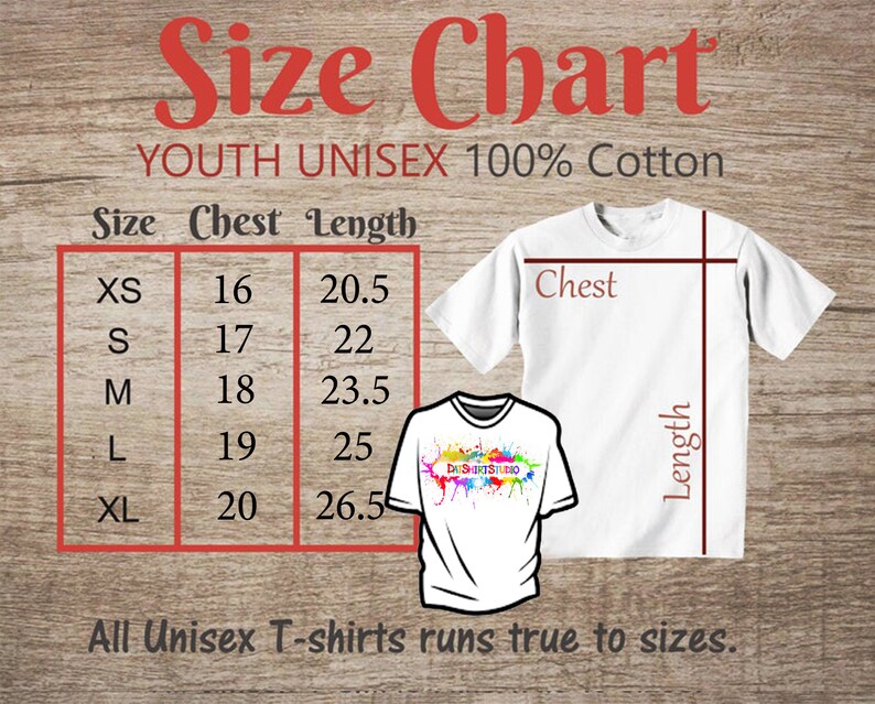 Puede incluir: Tabla de tallas para camisetas unisex para j&oacute;venes de 100% algod&oacute;n. La tabla muestra las tallas XS a XL con las medidas de pecho y largo correspondientes en pulgadas.