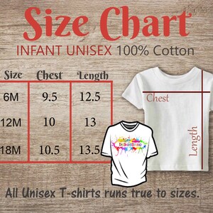 Puede incluir: Tabla de tallas para camisetas unisex para beb&eacute;s de 100% algod&oacute;n. La tabla muestra las medidas de pecho y largo en pulgadas para las tallas 6M, 12M y 18M. Todas las camisetas unisex son de talla real.