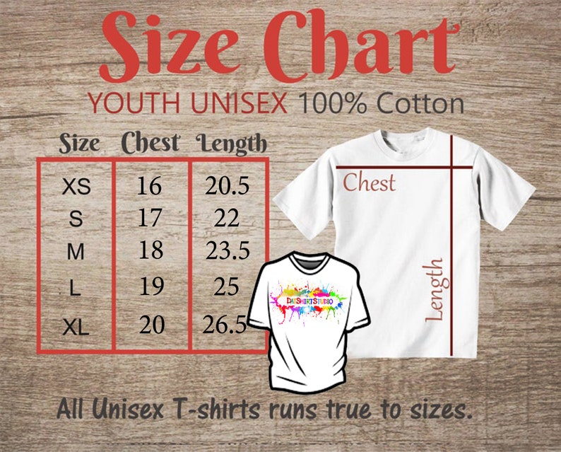 Może przedstawiać: Tabela rozmiar&oacute;w dla dziecięcych t-shirt&oacute;w unisex wykonanych w 100% z bawełny. Tabela pokazuje rozmiary od XS do XL z odpowiadającymi im wymiarami klatki piersiowej i długości w calach.