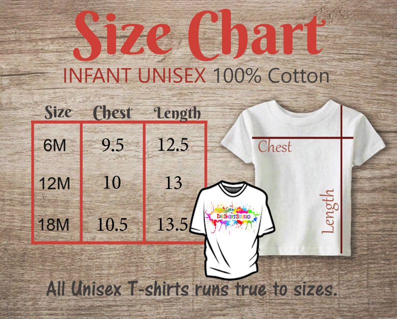 Może przedstawiać: Tabela rozmiar&oacute;w dla dziecięcych t-shirt&oacute;w unisex z 100% bawełny. Tabela pokazuje wymiary klatki piersiowej i długości w calach dla rozmiar&oacute;w 6M, 12M i 18M. Wszystkie t-shirty unisex są zgodne z rozmiarem.