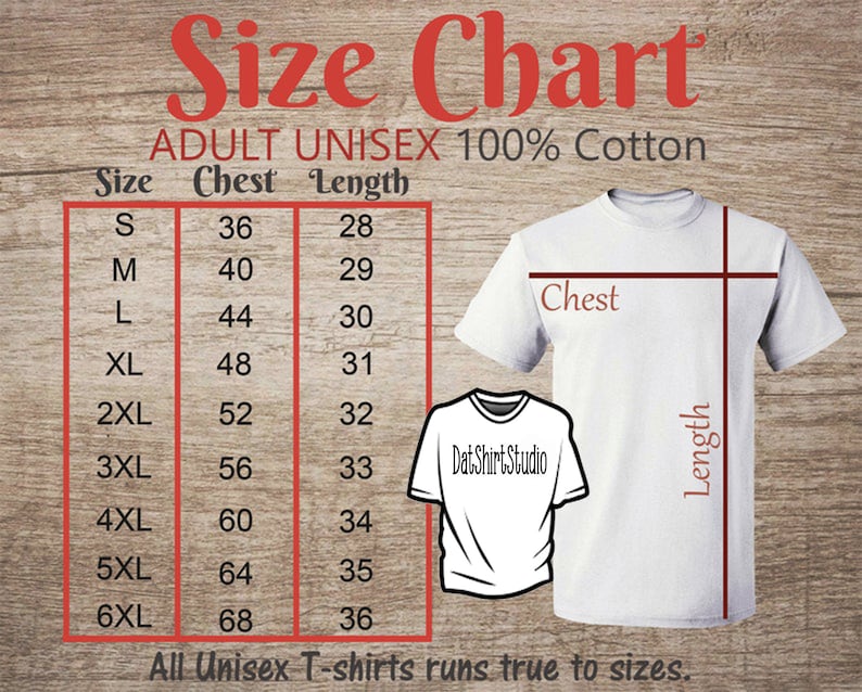 Może przedstawiać: Tabela rozmiar&oacute;w dla unisexowych koszulek wykonanych w 100% z bawełny. Tabela pokazuje wymiary klatki piersiowej i długości w calach dla rozmiar&oacute;w od S do 6XL.  Wszystkie unisexowe koszulki są zgodne z rozmiarem.