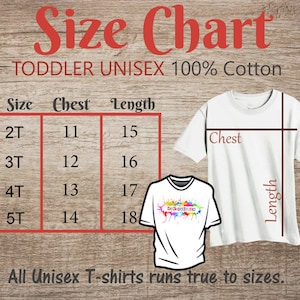 Może przedstawiać: Tabela rozmiar&oacute;w dla dziecięcych t-shirt&oacute;w unisex wykonanych w 100% z bawełny. Tabela pokazuje wymiary klatki piersiowej i długości w calach dla rozmiar&oacute;w 2T, 3T, 4T i 5T. Wszystkie t-shirty unisex są zgodne z rozmiarami.