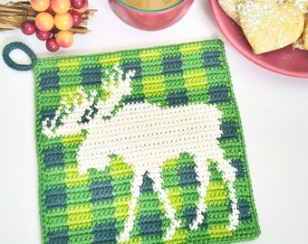 Crochet Pattern - Moose Potholder - Tapestry Crochet Gingham Hot Pad - Elk - Kitchen Trivet