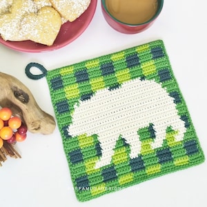 May include: Green and white crocheted pot holder with a white bear silhouette in the center. The pot holder has a loop for hanging.