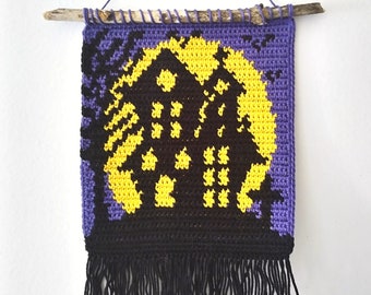 Crochet Pattern - Haunted House Wall Hanging - Tapestry Crochet Square - Halloween Potholders