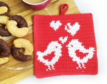 Tapestry Crochet Pattern ~ Love Birds Potholder - St Valentine's Hot Pad - Trivet