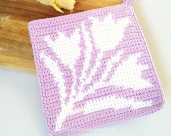 Crochet Pattern - Tulips Potholder - Tapestry Crochet Hot Pad - Spring Flowers Trivet