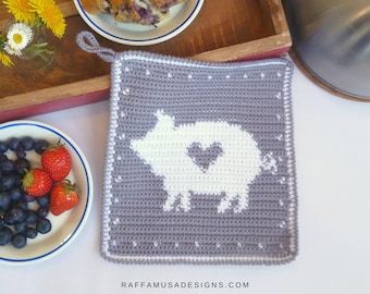 Crochet Pattern ~ Pig Potholder - Tapestry Crochet Hot Pad – Farmhouse Kitchen Decor - Trivet Pattern