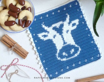 Crochet Pattern ~ Cow Potholder - Tapestry Crochet Hot Pad – Farmhouse Kitchen Decor - Trivet Pattern