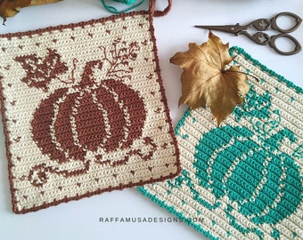 Crochet Pattern ~ Pumpkin Potholder - Tapestry Crochet Hot Pad - Farmhouse Kitchen Decor - Trivet Pattern