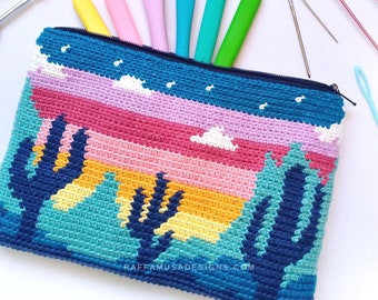 Crochet Pattern ~ Desert Cacti Zipper Pouch - Tapestry Crochet Mochila Bag - Easy Pattern