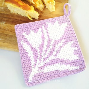 Crochet Pattern - Tulips Potholder - Tapestry Crochet Hot Pad - Spring Flowers Trivet