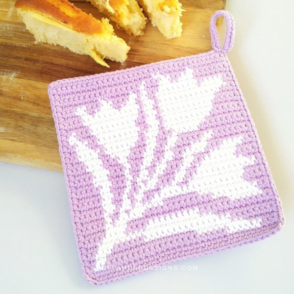 Patron au crochet - Manique de tulipes - Coussin chaud au crochet pour tapisserie - Dessous de plat de fleurs printanières