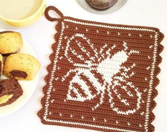 Crochet Pattern ~ Bee Potholder - Tapestry Crochet Hot Pad – Farmhouse Kitchen Decor - Trivet Pattern