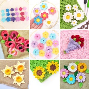 May include: A collection of crocheted flower patterns, including daisies, sunflowers, and poppies. The flowers are made in various colors, including pink, yellow, blue, and green. The flowers are displayed on a variety of backgrounds, including burlap, green fabric, and pink fabric.