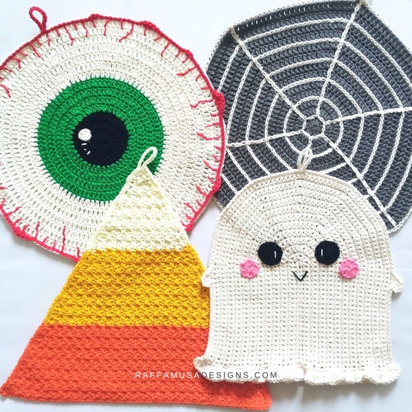 Crochet Patterns - Halloween Dishcloths - Eyeball - Spiderweb - Candy Corn - Ghost - Fall Washcloths