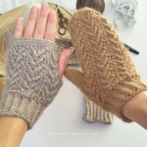 May include: Two pairs of crocheted fingerless gloves, one in a light brown color and one in a darker brown color. Both gloves feature a cable knit pattern.