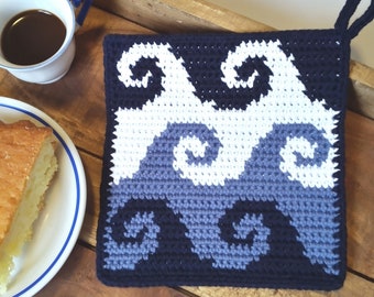 Crochet Pattern - Sea Waves Potholder - Tapestry Crochet Hot Pad - Ocean Summer Trivet