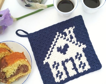 Crochet Pattern - Home Sweet Home Potholder - Mini C2C Crochet Hot Pad - Trivet