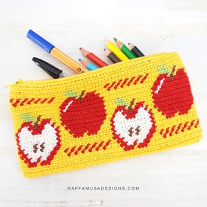 Patron au crochet - Étui à crayons Apple - Pochette au crochet tapisserie - Sac à fermeture éclair pour la rentrée scolaire