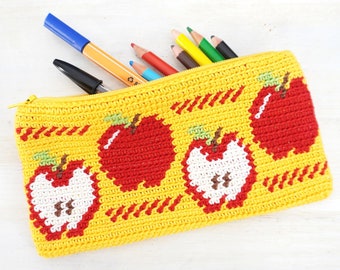 Crochet Pattern - Apple Pencil Case - Tapestry Crochet Pouch - Back-to-School Zipper Bag