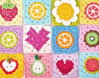 Crochet Pattern - Tutti Frutti Granny Squares - Strawberry - Apple - Watermelon - Pear - Kiwi - Lemon - Flower - Heart