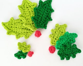 Crochet Pattern ~ Holly Leaf & Berry Appliques - Christmas Ornaments - Embellishment