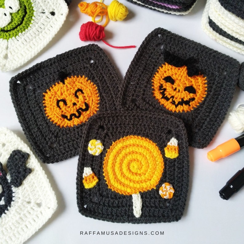 Halloween Granny Squares Crochet Halloween Afghan Blocks, Halloween Themed Granny Squares, Crochet Halloween Pattern, PDF Download image 2