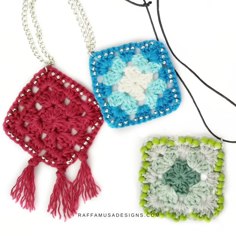 Crochet Pattern Beaded Granny Square Pendant Crochet Necklace Pattern Yarn Jewelry image 2