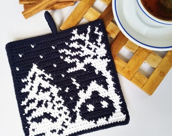 Tapestry Crochet Pattern ~ Snowy Winter Potholder - Kitchen Decor - Hot Pad - Trivet