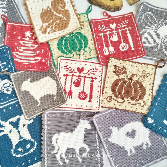 Tapestry Crochet Pattern ~ Farmhouse Potholders Collection - Kitchen Decor - Hot Pad - Trivet