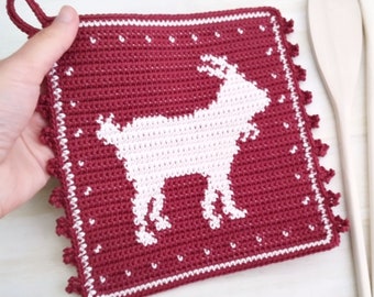 Crochet Pattern - Goat Potholder - Tapestry Crochet Hot Pad - Farmhouse Animals Trivet - Cottage Kitchen