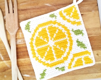 Crochet Pattern - Lemon Potholder - Tapestry Crochet Citrus Fruits Hot Pad - Orange - Grapefruit