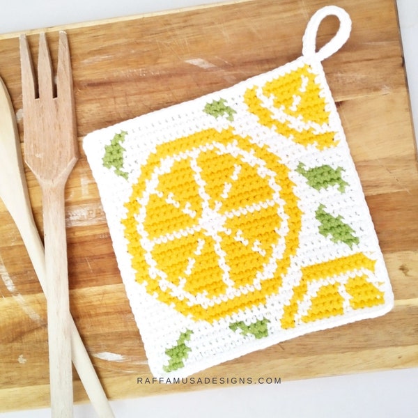 Crochet Pattern - Lemon Potholder - Tapestry Crochet Citrus Fruits Hot Pad - Orange - Grapefruit