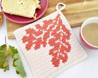 Crochet Pattern - Acorn Leaves Potholder - Tapestry Crochet Hot Pad - Fall Leaf Trivet