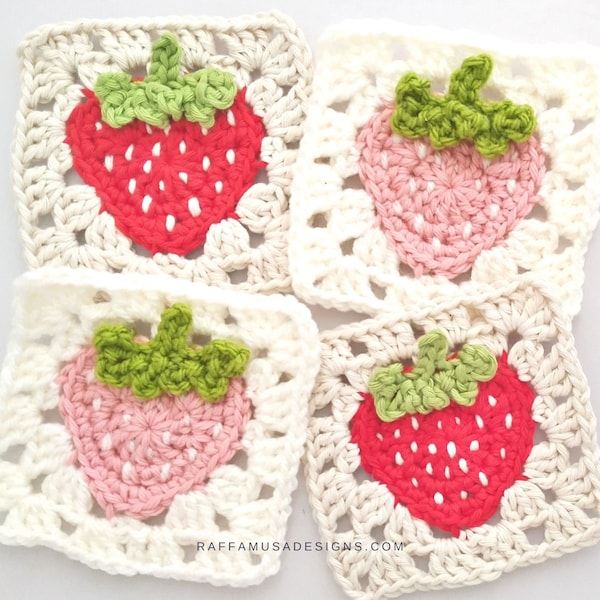 Crochet Pattern - Strawberry Granny Square - Fruit - Summer Afghan Block