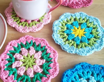 Crochet Pattern ~ Rounds of Flowers Coasters - Crochet Spring Mug Rugs - Kitchen Decor