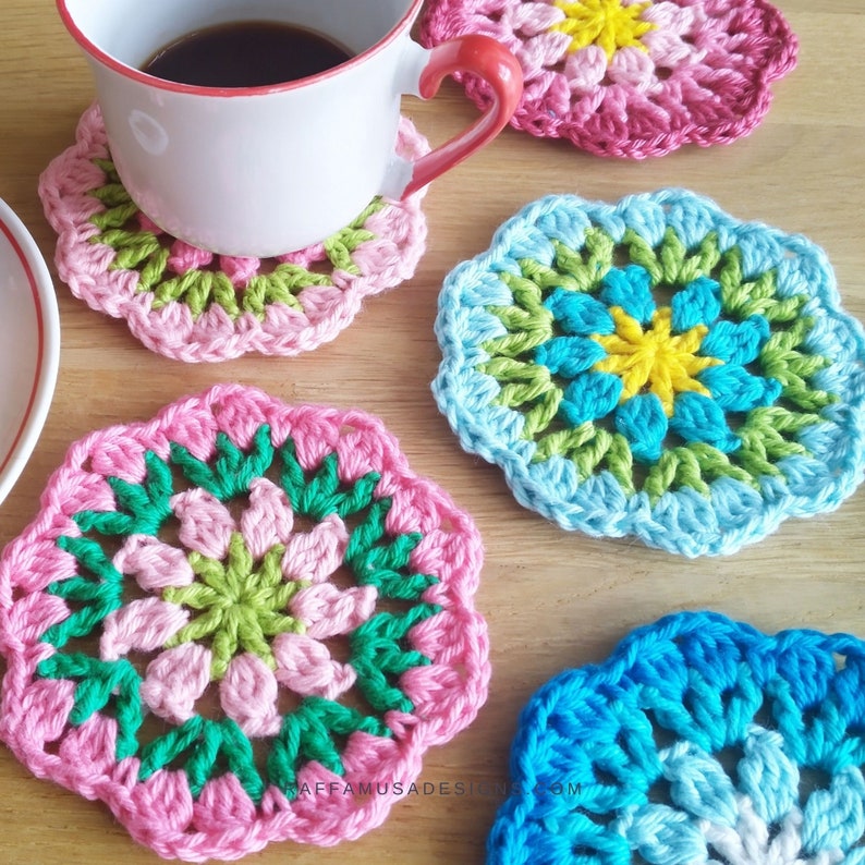 Crochet Pattern Rounds of Flowers Coasters Crochet Spring Mug Rugs Kitchen Decor image 1