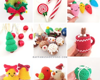 May include: A collection of crocheted Christmas ornaments, including a wreath, candy cane, snowman, gingerbread man, and a hot chocolate mug.  There are also crocheted ornaments shaped like a Christmas tree, a bell, and a bird.