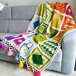 Crochet Pattern - Rainbow Granny Square Blanket - Granny Stitch Sampler Afghan