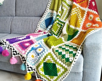 Crochet Pattern - Rainbow Granny Square Blanket - Granny Stitch Sampler Afghan