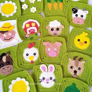 Crochet Pattern ~ Spring Farm Granny Squares – Farm Animals – Barnyard Animals – Nursery Décor – Afghan Blocks