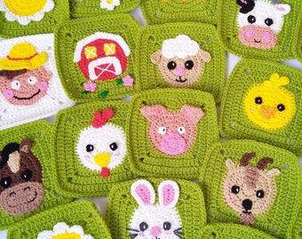 Crochet Pattern ~ Spring Farm Granny Squares – Farm Animals – Barnyard Animals – Nursery Décor – Afghan Blocks