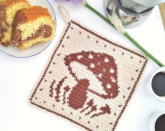 Crochet Pattern - Mushroom Potholder - Tapestry Crochet Hot Pad - Cotton Trivet