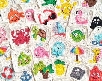 Crochet Patterns - Summertime Granny Squares - Under the Sea Blanket - Ocean - Beach Appliques