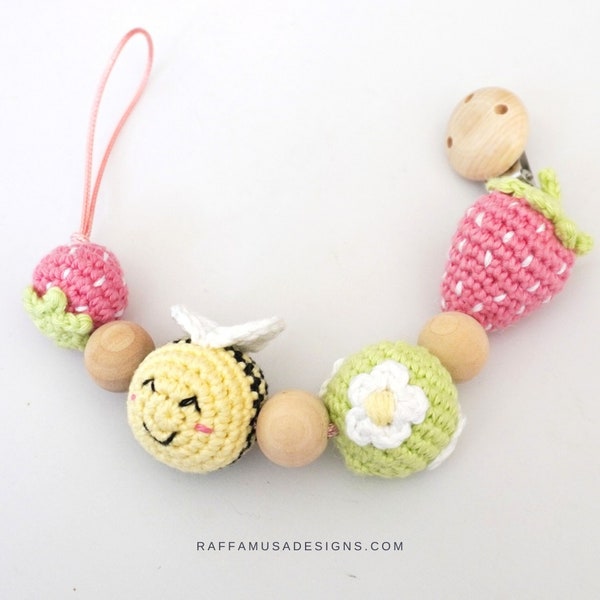 Crochet Pattern - Pacifier Clip Holder with Strawberry Amigurumi and Bee - Dummy Chain