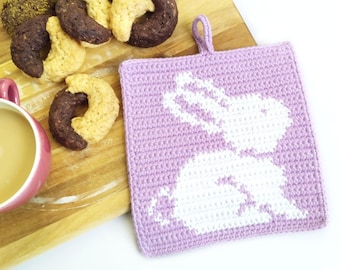 Tapestry Crochet Pattern - Bunny Potholder - Easter Spring Home Decor Trivet - Hot Pad